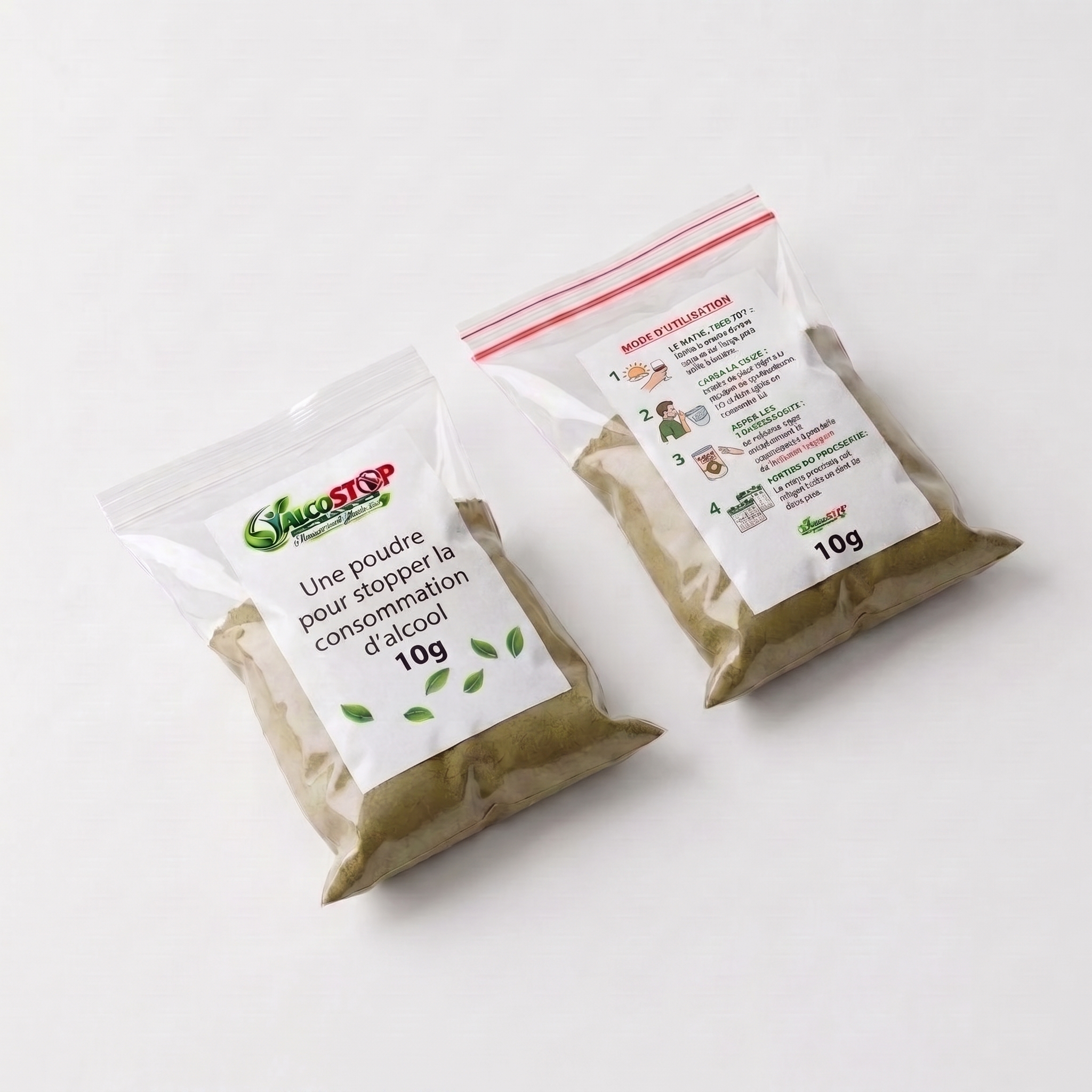 Sachet ALCOSTOP, poudre naturelle 10 g, face et dos