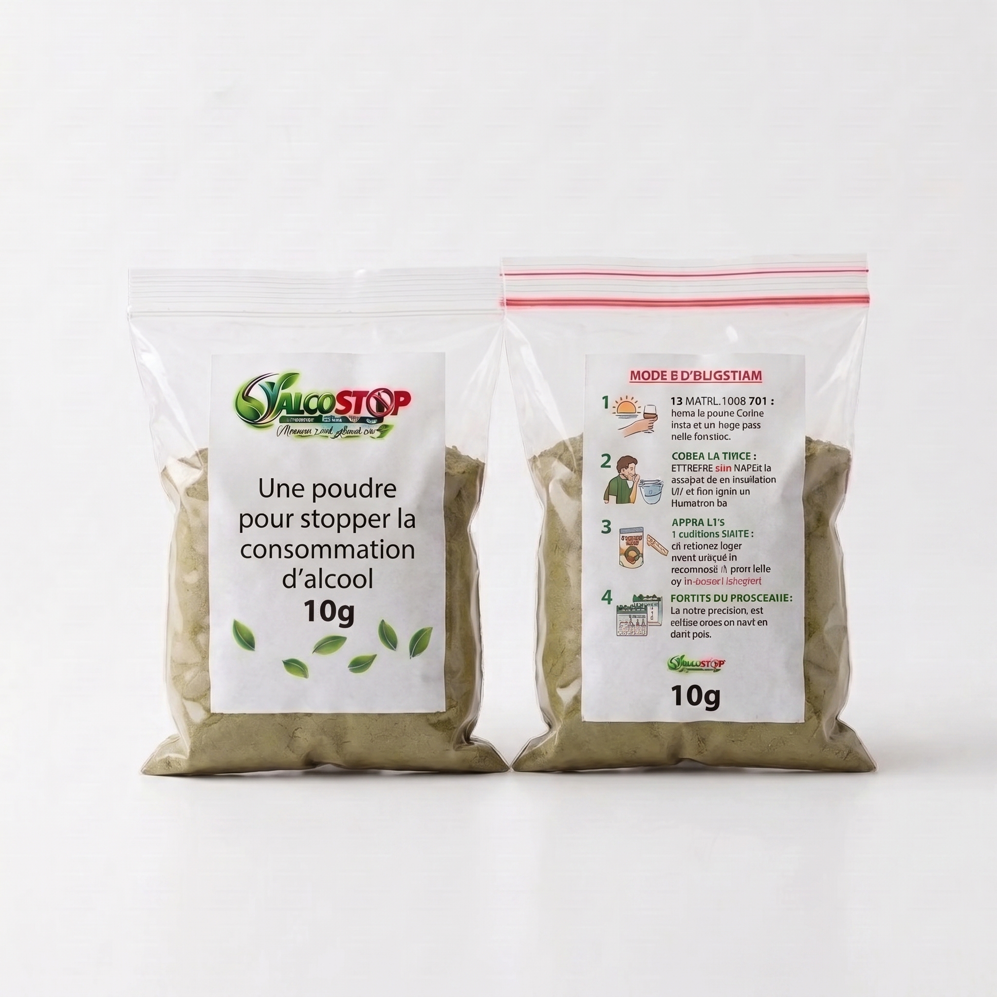 ALCOSTOP 10 g — sachet de poudre naturelle, étiquette avant et mode d’emploi