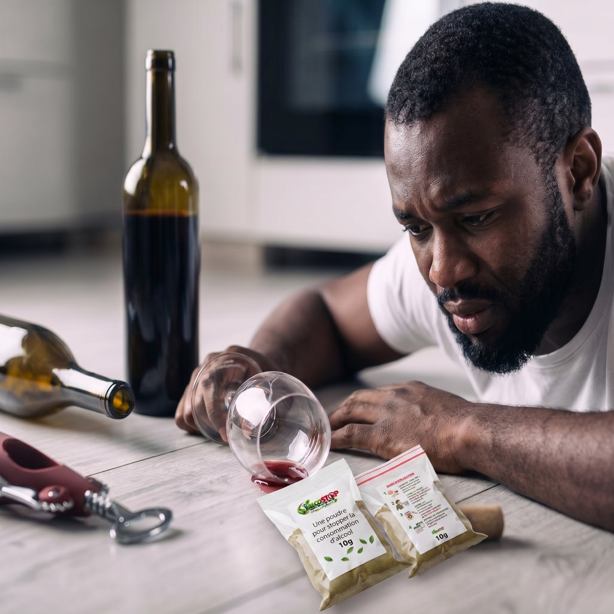 ALCOSTOP — présentation du sachet et de la poudre